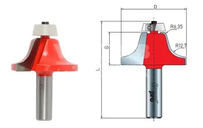 Zaobľovacia fréza na CORIAN; Z=2; D57,2; B31,8; L84,6; R12,7/6,35; stopka 12; ložisko 22,2