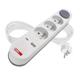 Predlžovací kábel 2 m; 3 zásuvky; s vypínačom; biely; 1×USB-A + 1×USB-C