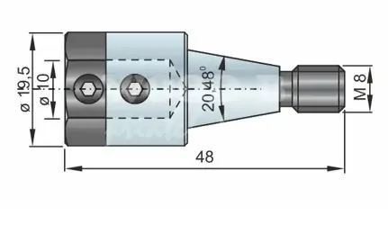 Redukcia D3=10; D2=19,5; M8/20°48´; L=48; pravá; pre kolíkovačky a CNC stroje