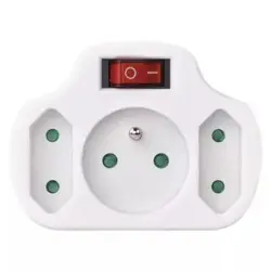 Rozbočovacia zásuvka 2× plochá +1× okrúhla s vypínačom, biela